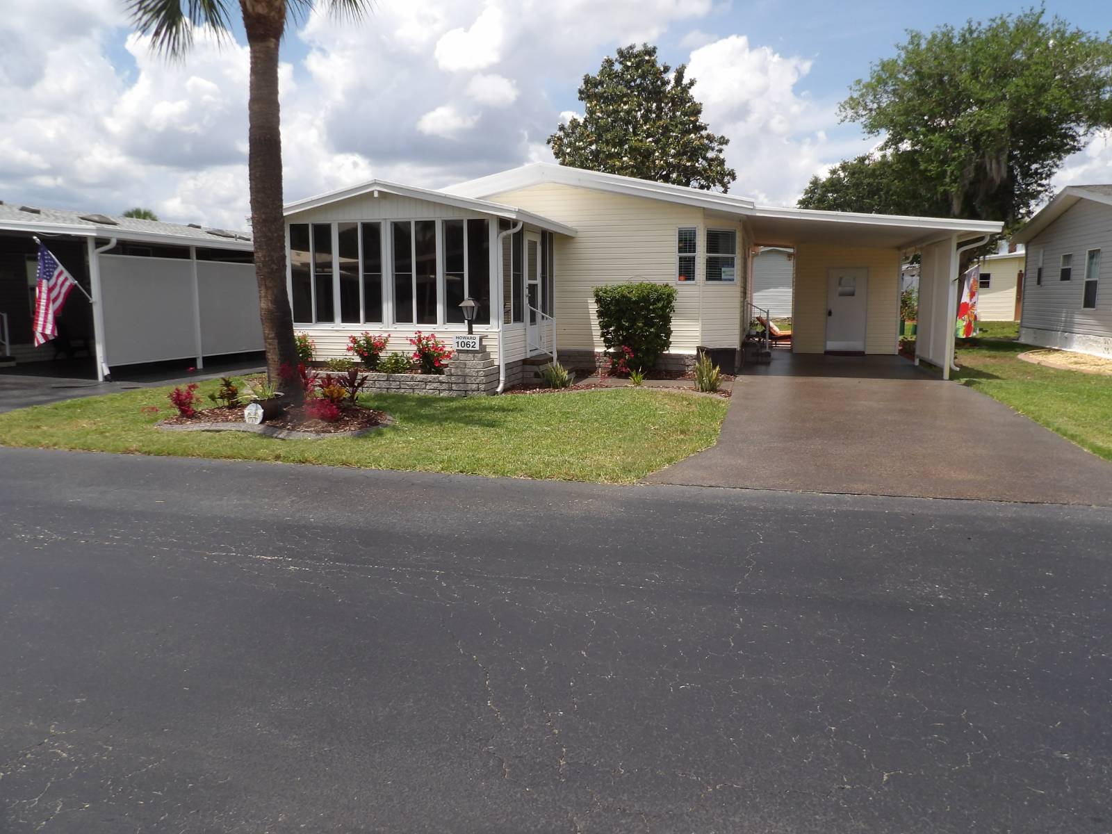 Very well kept and partially furnished 24 X 36 mobile home, with 11 X 11.5 FL room providing 990 SQ FT of cozy Florida living under AC. Outside features include a 2025 AC with underneath ductwork, and a new Therma stat, a 16-year-old metal roof recoated every other year, a 2021 painted driveway, nice landscaping, a 2016 irrigation pump, a 6 X 8 storage shed, and a 10 X 12 backyard patio for relaxing, sunbathing, and BBQing. Inside features include 2022 and 2023 multiple upgrades, such as repainted walls, blinds, ceiling fans, S/S appliances, and countertops, sinks, washer and dryer, and tinting on windows. You have to see to appreciate all this inland Florida Mobile home has to offer. Plus, the owner is motivated to sell. Call for a private showing today.