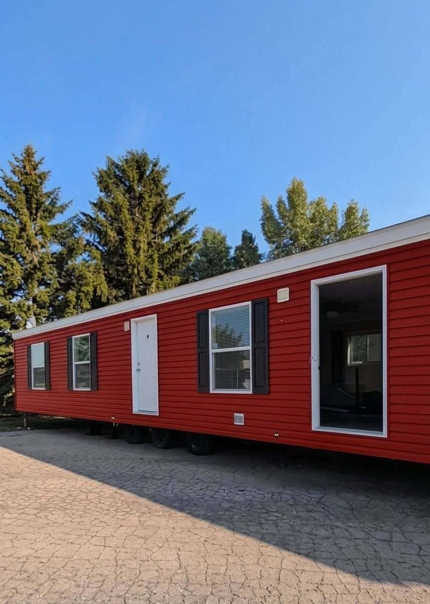 Red mobile home on wheels parked on cracked pavement beneath a blue sky with tall evergreen trees